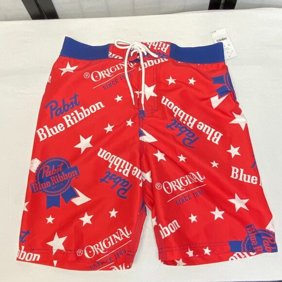 Pabst Blue Ribbon Beer Men's Swim Trunks Board Shorts 20" Red Blue White NWT - Picture 5 of 11